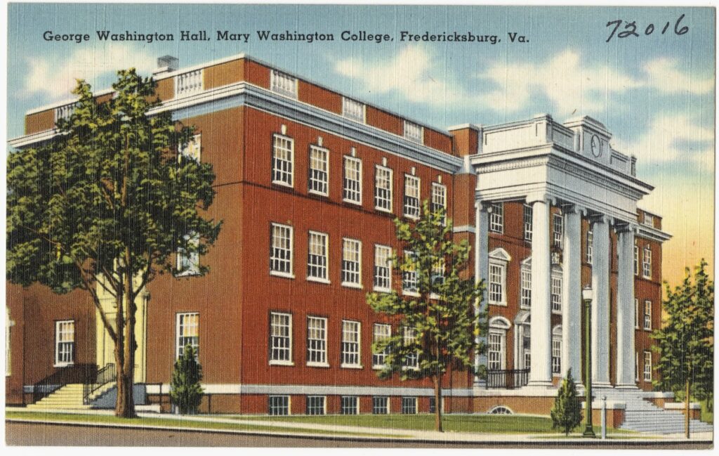 A colored drawing of George Washington hall reminiscent of a postcard. The text at the top reads, "George Washington Hall, Mary Washington College, Fredericksburg, Va." The number 72016 is in the top right corner.