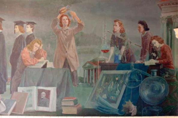 Five women are shown working on their studies. The one to the far left is sitting down reading, next to her is a woman standing and measuring out something in a beaker. At a separate table to the right are two women standing and watching, while the woman to the far right is looking through a microscope.