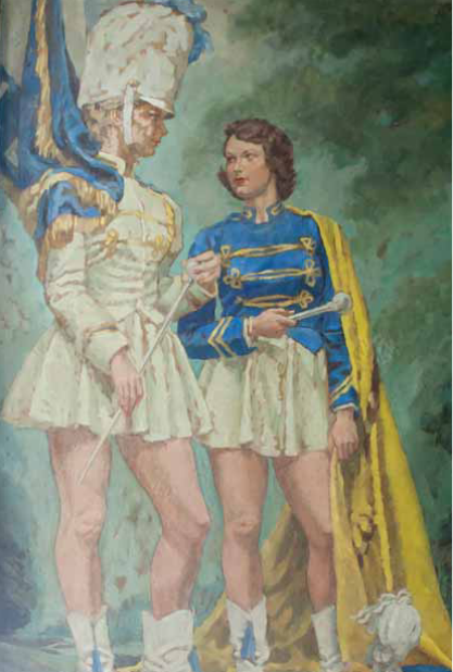 A mural depicting the marching band. Dawn Van Duskirk serves as the figure to the right representing the majorette. She has a white skirt, a blue long-sleeve shirt, and a long yellow cape. To the left dressed in a white uniform with a plumed hat is Doris Ann Lindsey Whitfield.