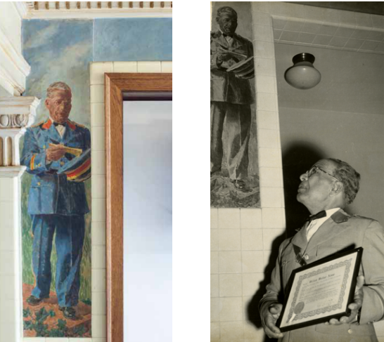 On the left is the same black and white image of Wallace Alsop on the home page. It is a black and white picture of Wallace Alsop standing in front of a depiction of himself in the George Washington Hall mural. He wears glasses, has short hair, and his dressed in a suit complete with a bow tie. In his hands he has a Meritorious Service Certificate that was presented to him at a ceremony held in honor of his retirement in 1956.

The picture to the right is the mural behind Wallace Alsop in the first picture. It is in color and features him wearing a blue suit.